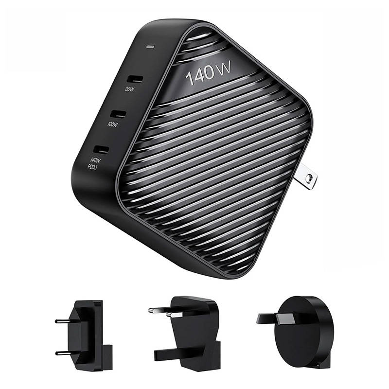 Sieninis įkroviklis INVZI GanHub 3x USB-C, 140W, EU/UK/AU/US (juodas)