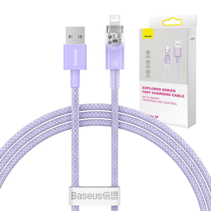 Greito įkrovimo kabelis Baseus USB-A į Lightning Explorer Series 1m 2.4A (violetinis)