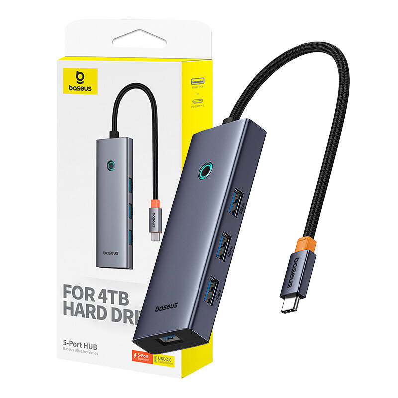 Hub 5in1 Baseus UltraJoy 5 prievadų (4xUSB 3.0, PD) pilkas