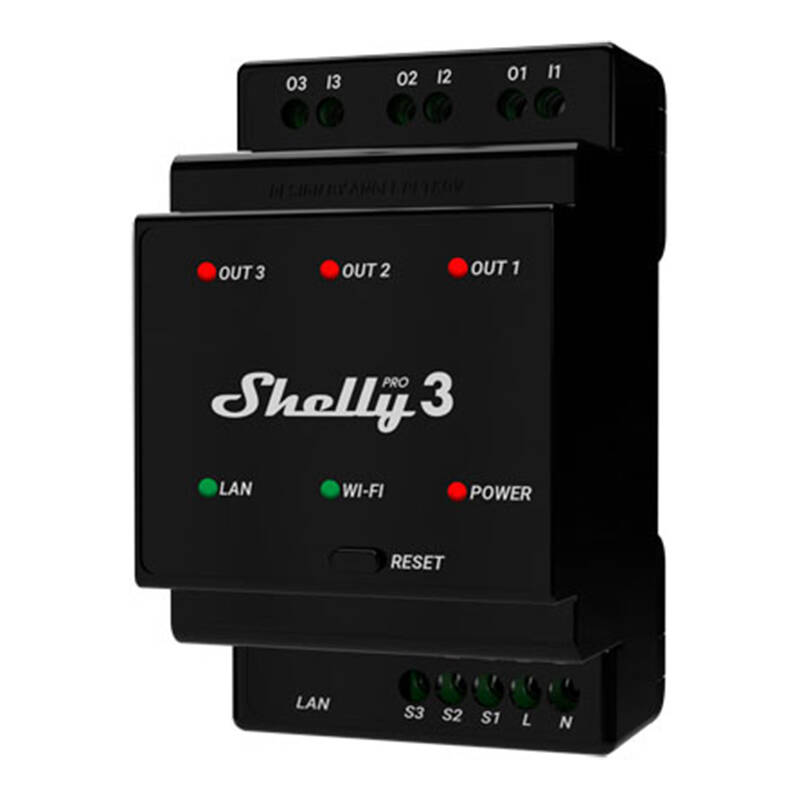 Shelly Pro 3 DIN bėgio 3 kanalų relė, WiFi/LAN