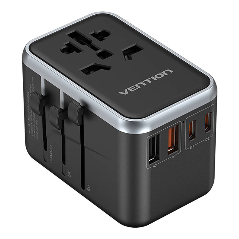 Vention FJFB0 GaN 2xUSB-C 2xUSB-A universalus kelioninis adapteris 65W (juodas)