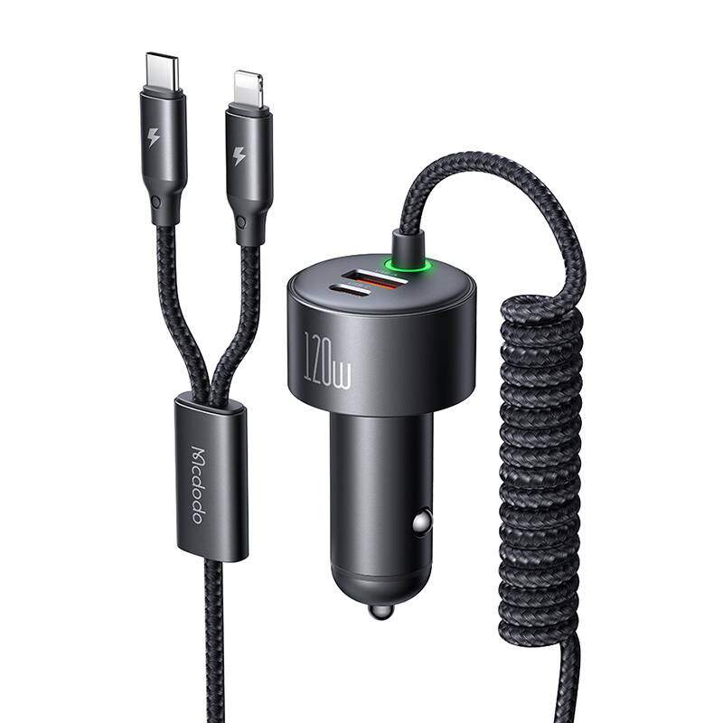 Mcdodo CC-0370 automobilinis įkroviklis, USB-C, Lightning, 120W, su įtraukiamais kabeliais