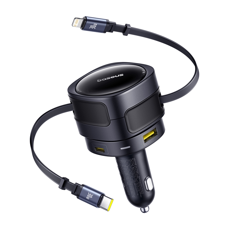 Baseus Enjoyment Max 90W automobilinis įkroviklis 2x USB-C + USB-C ir Lightning kabelis - juodas