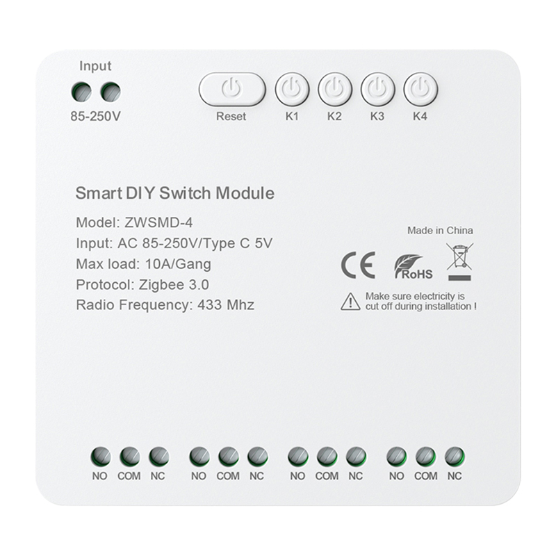 ZigBee 4 kanalų jungiklio modulis su beįtampiu DC 32V kontaktu Avatto ZWSMMD-4-250V