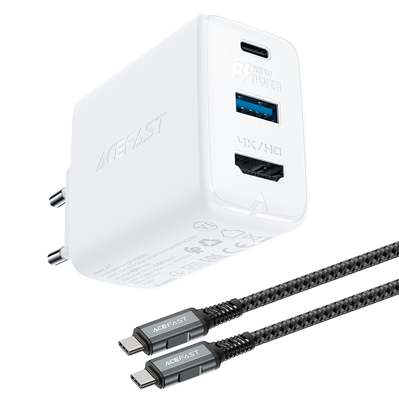 Acefast 2in1 įkroviklis GaN 65W USB Type C / USB, HDMI adapteris 4K @ 60Hz (rinkinys su kabeliu) baltas (A17 baltas)