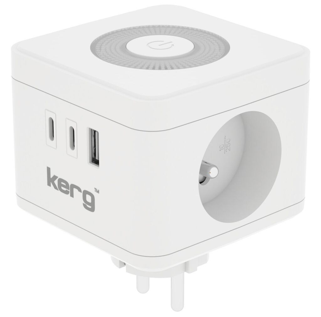 KERG Smart 2 lizdų maitinimo kubas + USB-A + USB-C įkroviklis + LED lempa 16A/250V~ baltas