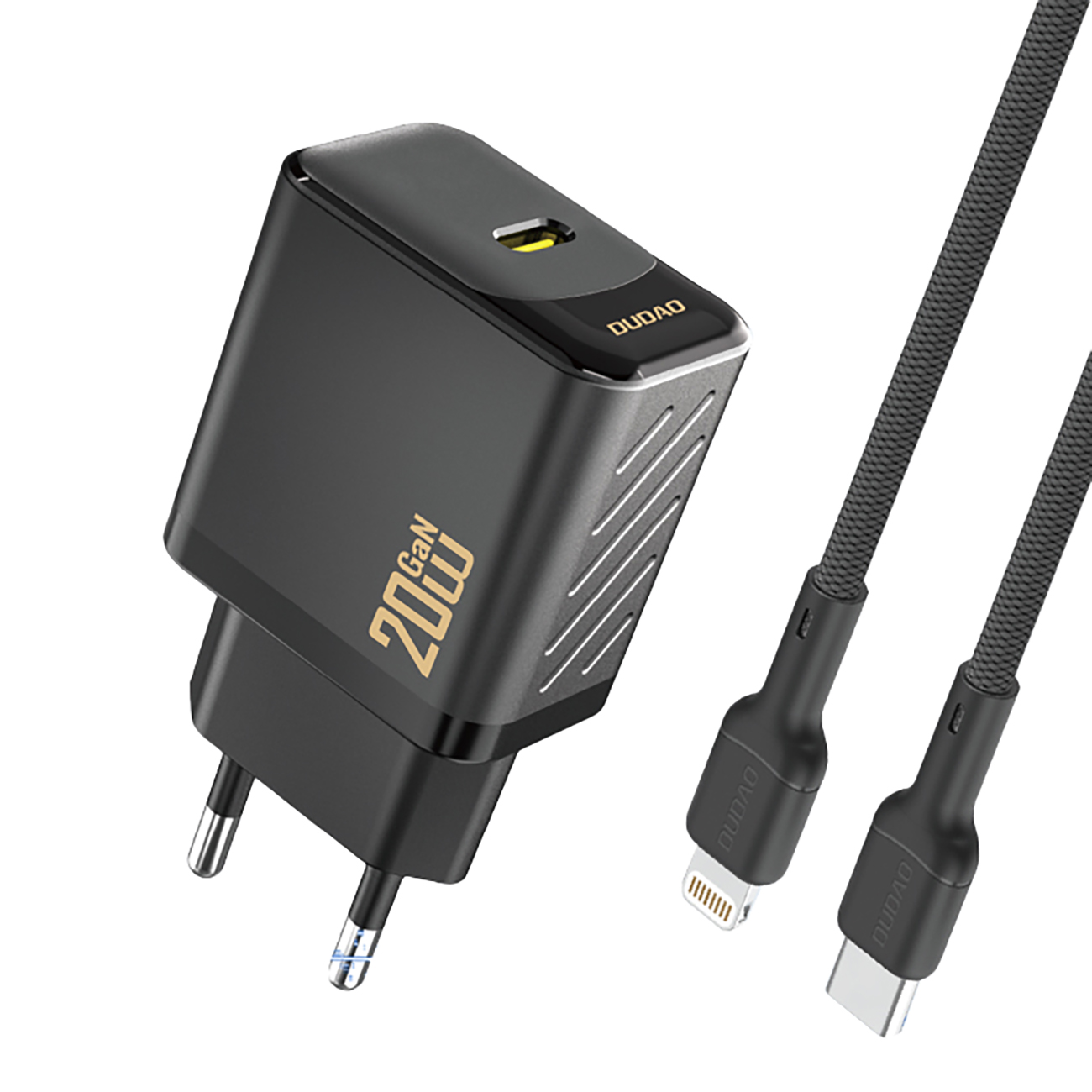 Dudao A26LEU PD 20W GaN USB-C Wall Įkroviklis with USB-C to Lightning Laidas - Juodas