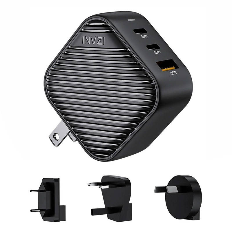 INVZI GanHub 2x USB-C + USB wall įkroviklis, 65W, EU/UK/AU/US (juodas)