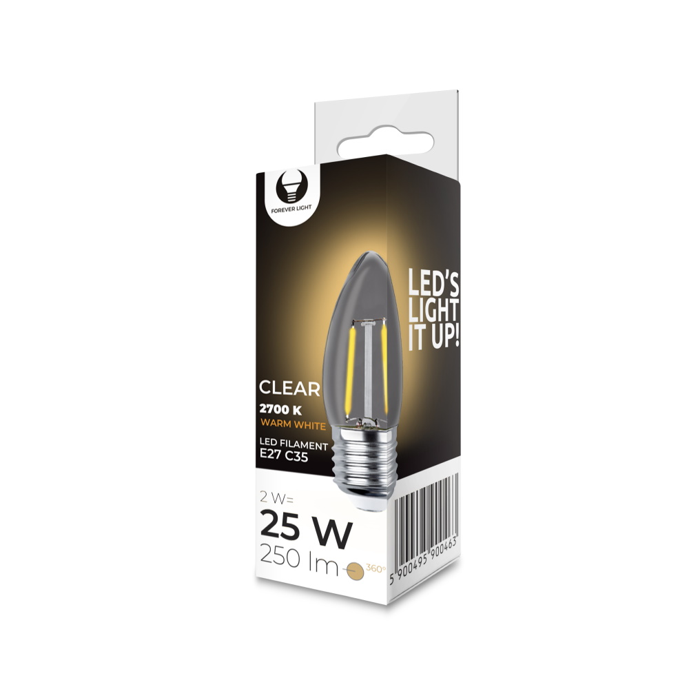 LED Bulb Filamentas E27 C35 2W 230V 2700K 250lm COG clear Forever Light