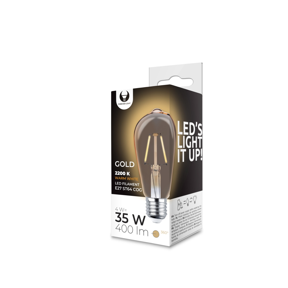 LED Bulb Filamentas E27 ST64 4W 230V 2200K 400lm COG auksinis Forever Light