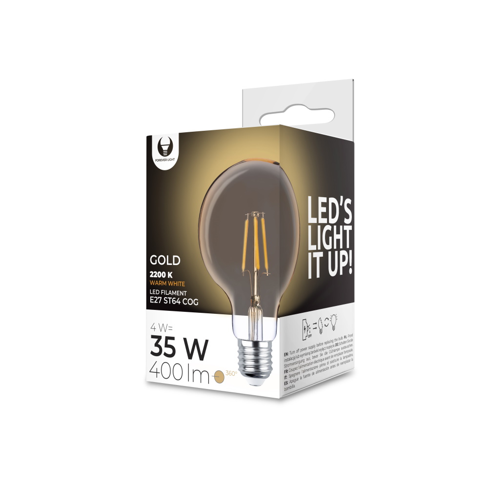 LED Bulb Filamentas E27 G95 4W 230V 2200K 400lm COG auksinis Forever Light