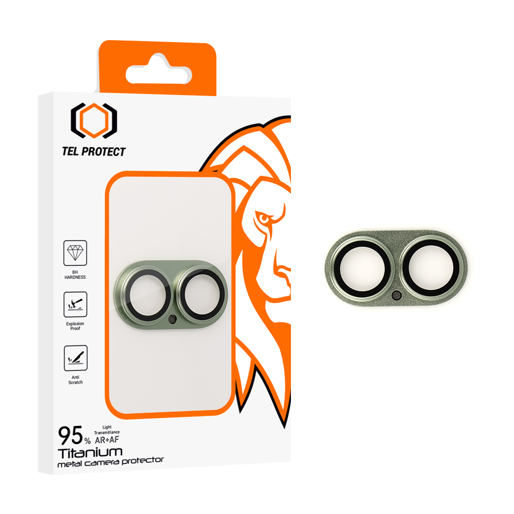 Tempered stiklas Tel Protect 95% AR+AF Full Metal kameros apsauga on camera for Iphone 17 žalias (camera island)