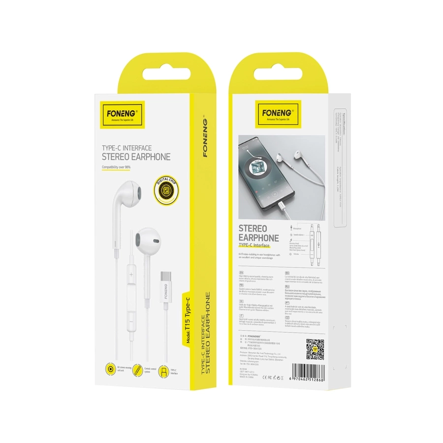 FONENG laidinės ausinės T15 USB-C su mikrofonu 1.2M baltas