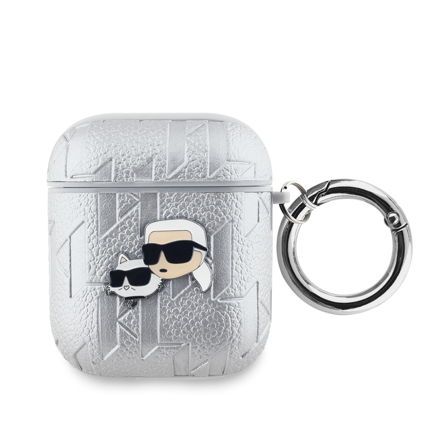 Karl Lagerfeld PU Embossed Karl and Choupette Heads dėklas AirPods 1/2 sidabrinis