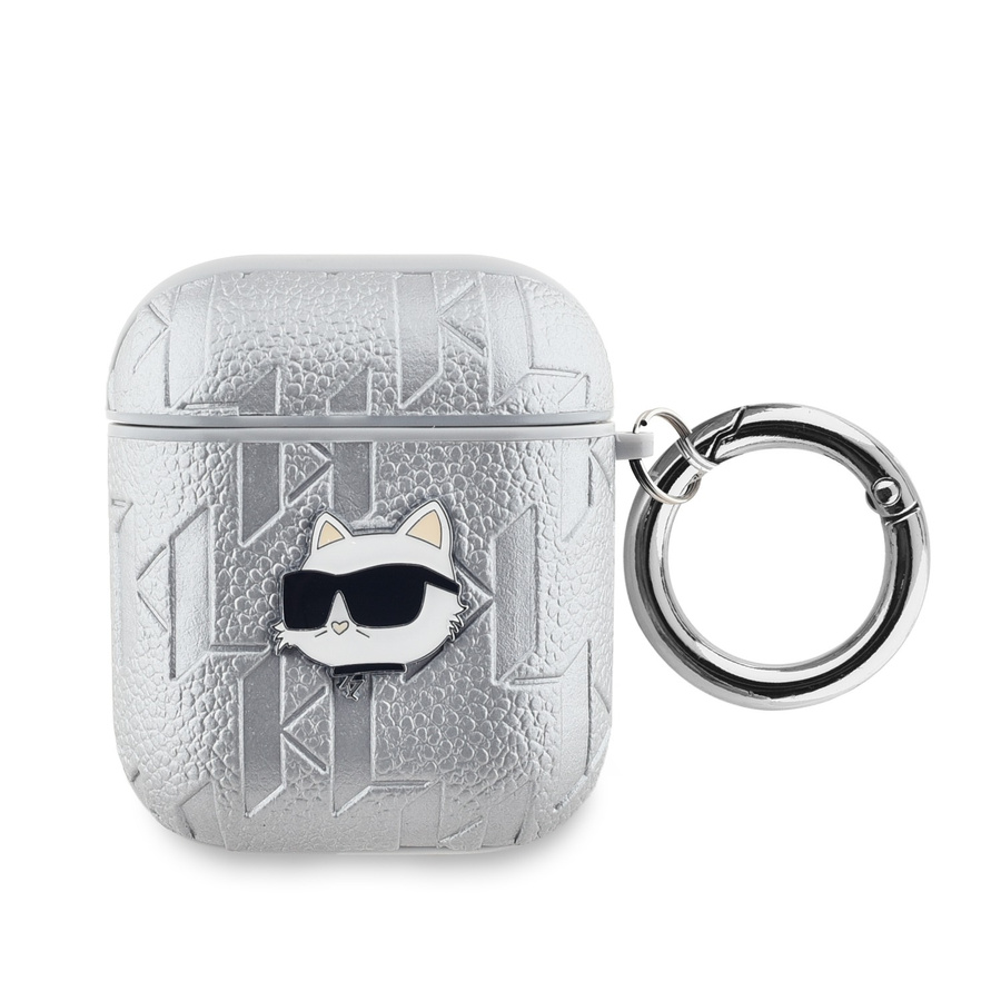 Karl Lagerfeld PU Embossed Choupette Head dėklas AirPods 1/2 sidabrinis