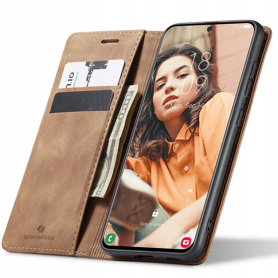 Spacecase piniginės dėklas Galaxy S21 FE šviesiai rudas