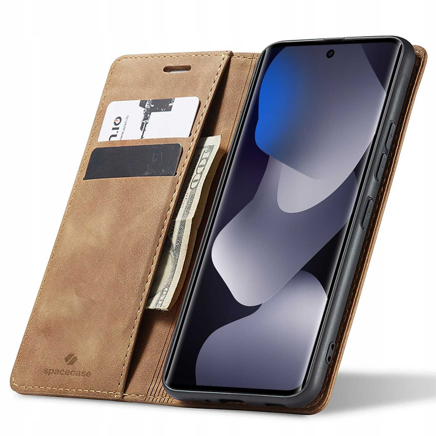 Spacecase dėklas Wallet POCO M8/RM Note 15 4G/5G šviesiai rudas