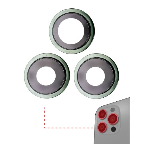 Galinės kameros stikliukas skirtas Apple iPhone 11 Pro / Pro Max galinės kameros stikliukas originalus / 3vnt / (su žaliu rėmeliu)