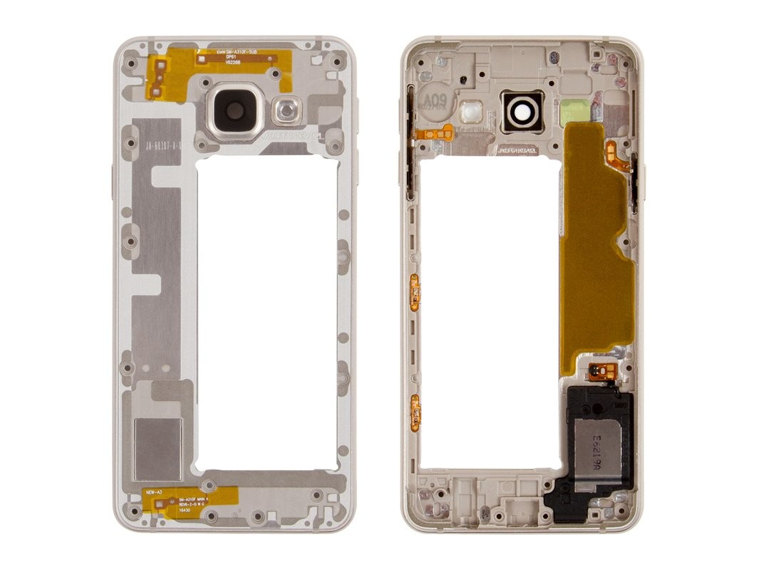 Vidinis korpusas Samsung A310 A3 2016 auksinis su zumeriu ir šoniniais mygtukais originalus (used Grade B)