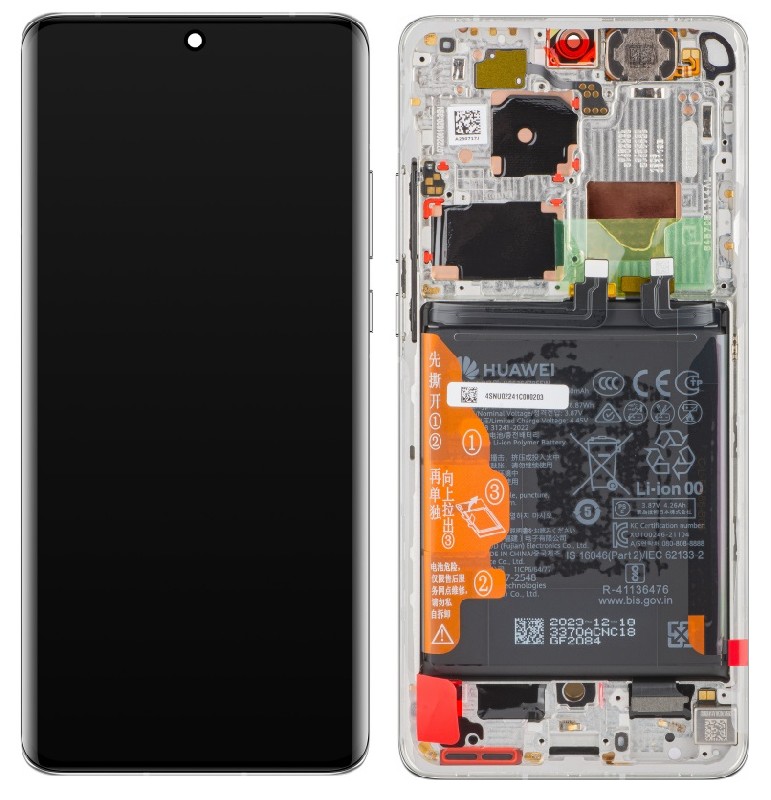 Ekranas Huawei P50 PRO su lietimui jautriu stikliuku ir rėmeliu ir baterija Pearl White originalus (service pack)