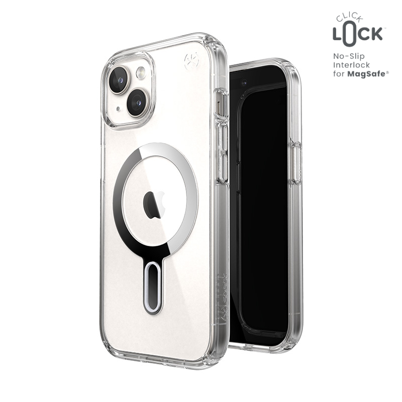 Speck Presidio Perfect-Clear ClickLock & MagSafe - iPhone 17e / 16e / 15 / 14 / 13 dėklas (Clear / Chrome Finish / Serene sidabrinis)
