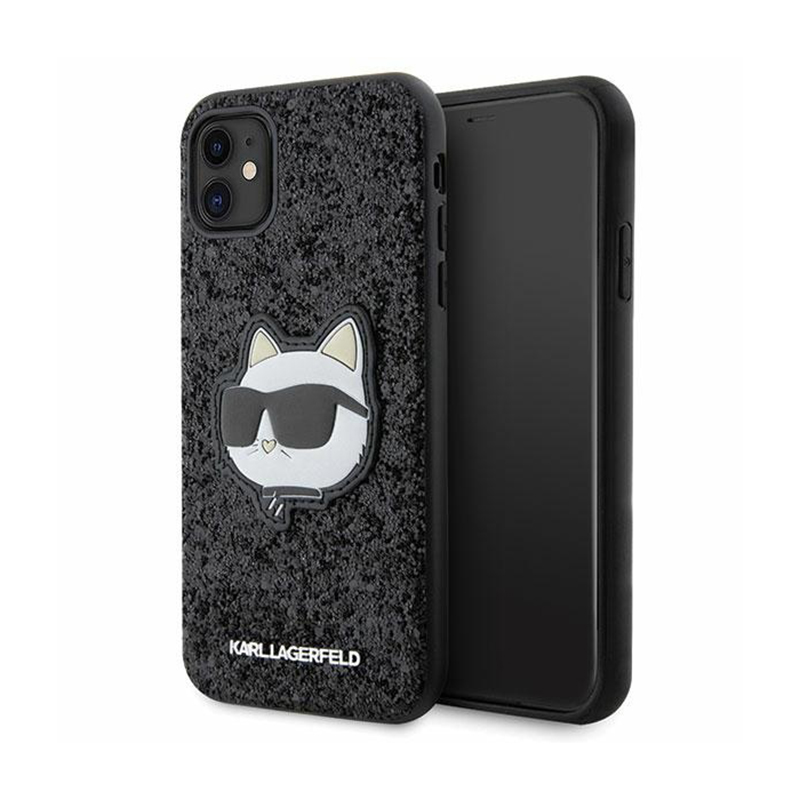 Karl Lagerfeld KLHCN61G2CPK iPhone 11 / Xr 6.1" juodas kietas dėklas Blizgučiai Choupette Emblema
