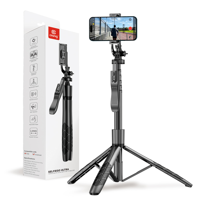 Crong SelfieGo Ultra – Aluminum Bluetooth Selfie Stick Tripod (juodas)