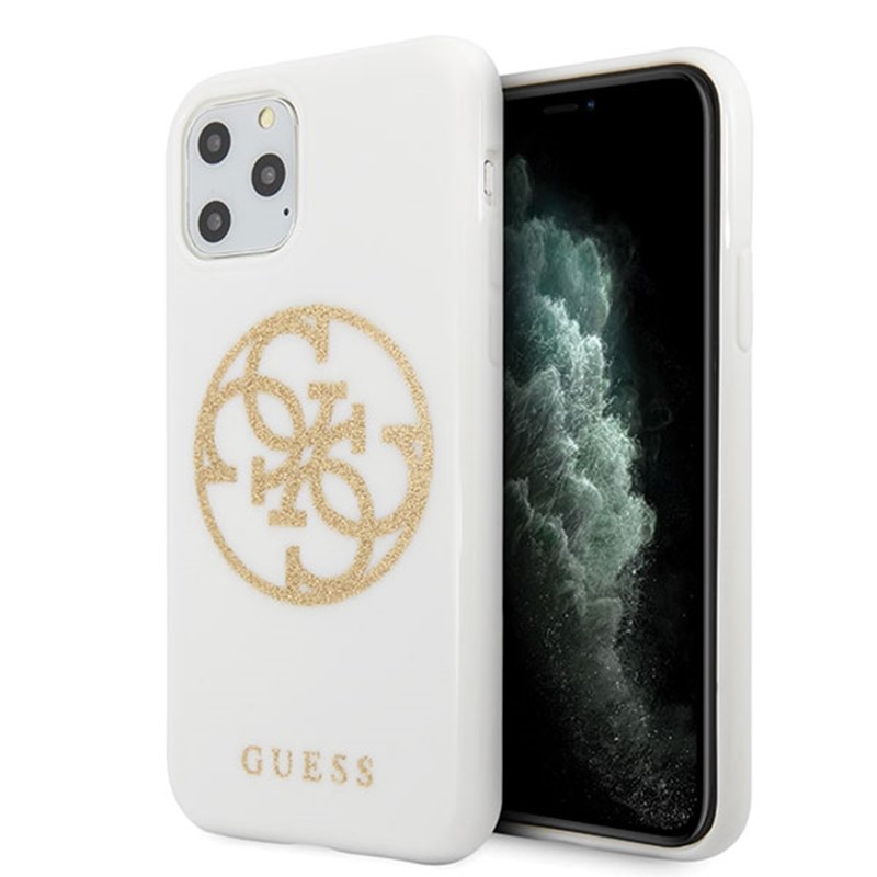 Guess GUHCN65TPUWHGLG iPhone 11 Pro Max baltas kietas dėklas Glitter 4G Circle Logo