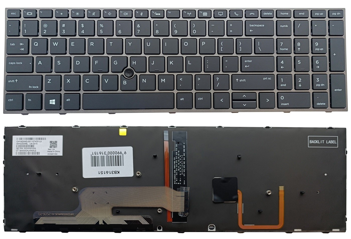 Klaviatūra HP ZBook 15 G5, G6, ZBook 17 G5, G6, su pašvietimu ir „trackpoint“